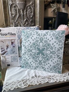 Roommates White & green Amalfi peel and stick floor tiles box of 15